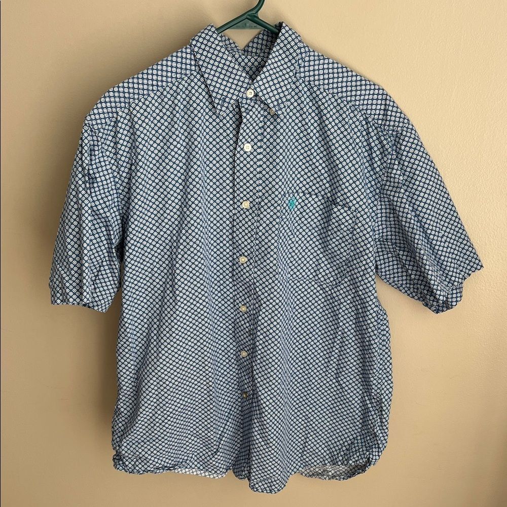 Ariat Men’s Large short sleeve button down cotton shirt, western blue white teal